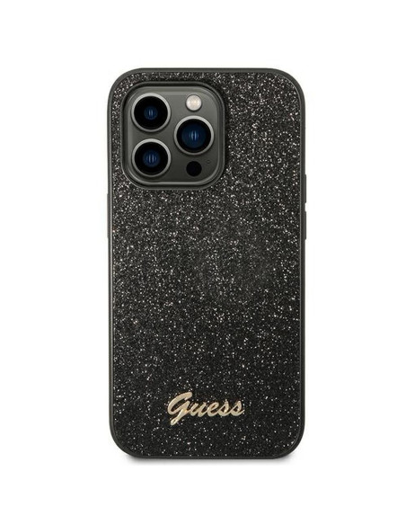 Véritable GUESS Case GUHCP14LHGGSHK pour iPhone 14 PRO (Glitter Flakes Script Metal Logo / Black)