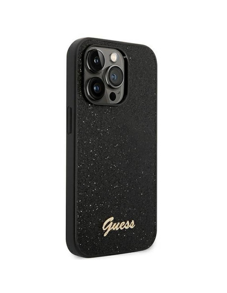 Véritable GUESS Case GUHCP14LHGGSHK pour iPhone 14 PRO (Glitter Flakes Script Metal Logo / Black)