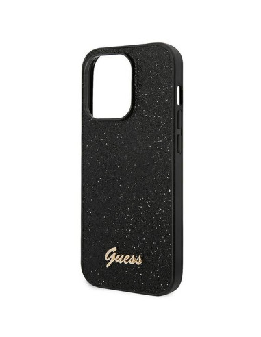 Véritable GUESS Case GUHCP14LHGGSHK pour iPhone 14 PRO (Glitter Flakes Script Metal Logo / Black)