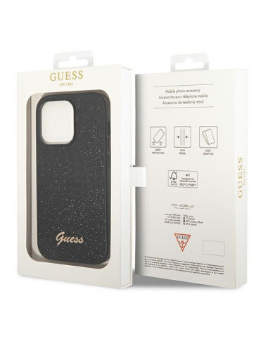 Véritable GUESS Case GUHCP14LHGGSHK pour iPhone 14 PRO (Glitter Flakes Script Metal Logo / Black)