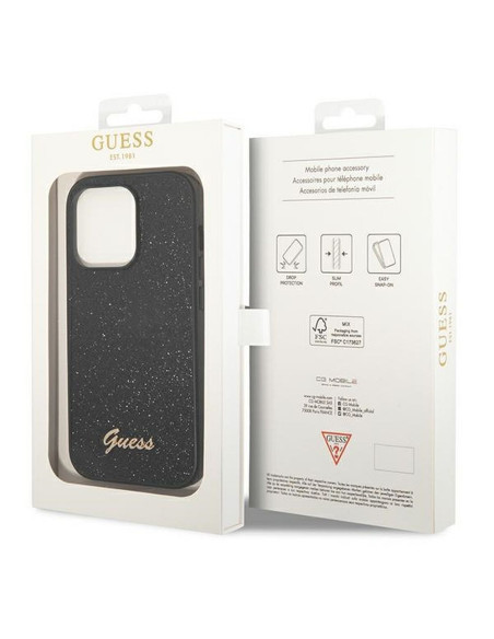 Véritable GUESS Case GUHCP14LHGGSHK pour iPhone 14 PRO (Glitter Flakes Script Metal Logo / Black)