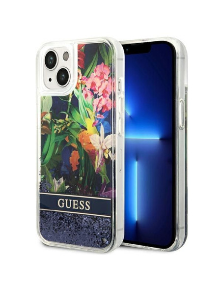 GUESS Coque pour IPHONE 13 / 14 / 15 GUHCP14SLFLSB (Flower Liquid Glitter) bleu