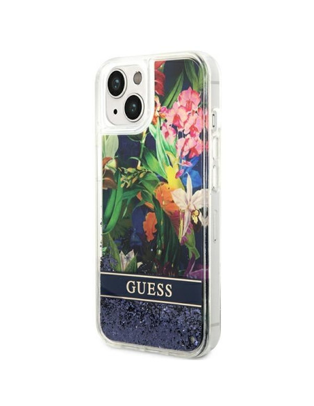 GUESS Coque pour IPHONE 13 / 14 / 15 GUHCP14SLFLSB (Flower Liquid Glitter) bleu