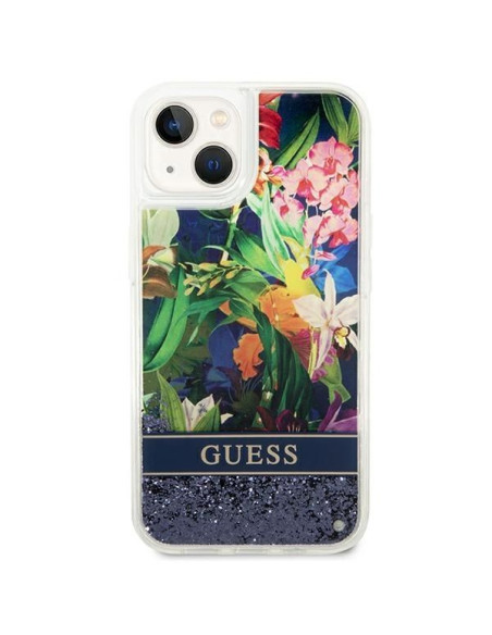 GUESS Coque pour IPHONE 13 / 14 / 15 GUHCP14SLFLSB (Flower Liquid Glitter) bleu
