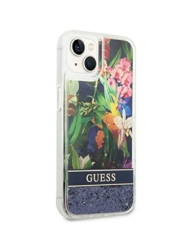 GUESS Coque pour IPHONE 13 / 14 / 15 GUHCP14SLFLSB (Flower Liquid Glitter) bleu