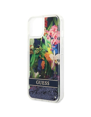 GUESS Coque pour IPHONE 13 / 14 / 15 GUHCP14SLFLSB (Flower Liquid Glitter) bleu