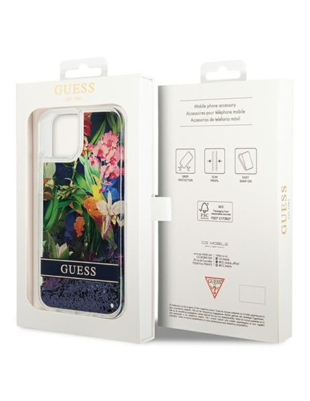 GUESS Coque pour IPHONE 13 / 14 / 15 GUHCP14SLFLSB (Flower Liquid Glitter) bleu