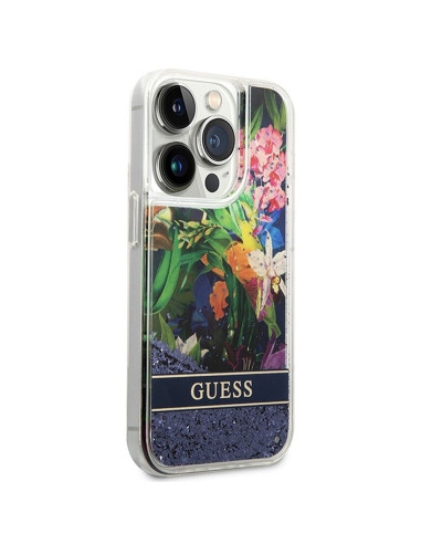 Coque GUESS pour IPHONE 14 Pro GUHCP14LLFLSB (Flower Liquid Glitter) bleu