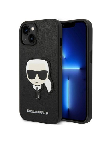 Véritable KARL LAGERFELD Case KLHCP14MSAPKHK pour iPhone 14 PLUS (Saffiano avec patch Karl Head / Noir)