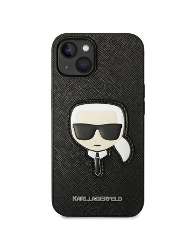 Véritable KARL LAGERFELD Case KLHCP14MSAPKHK pour iPhone 14 PLUS (Saffiano avec patch Karl Head / Noir)