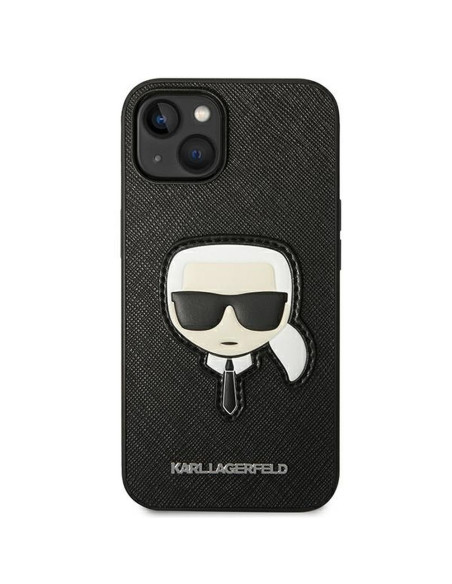 Véritable KARL LAGERFELD Case KLHCP14MSAPKHK pour iPhone 14 PLUS (Saffiano avec patch Karl Head / Noir)