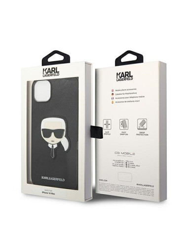 Véritable KARL LAGERFELD Case KLHCP14MSAPKHK pour iPhone 14 PLUS (Saffiano avec patch Karl Head / Noir)