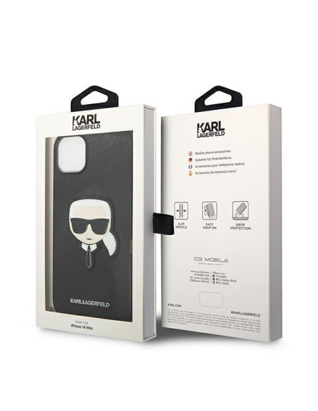 Véritable KARL LAGERFELD Case KLHCP14MSAPKHK pour iPhone 14 PLUS (Saffiano avec patch Karl Head / Noir)