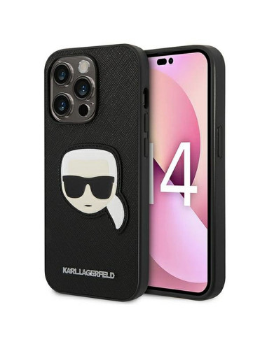 Véritable KARL LAGERFELD Case KLHCP14XSAPKHK pour iPhone 14 PRO MAX (Saffiano avec patch Karl Head / noir)