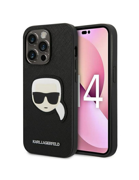 Véritable KARL LAGERFELD Case KLHCP14XSAPKHK pour iPhone 14 PRO MAX (Saffiano avec patch Karl Head / noir)