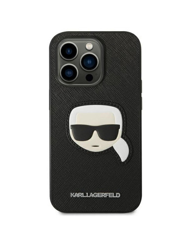 Véritable KARL LAGERFELD Case KLHCP14XSAPKHK pour iPhone 14 PRO MAX (Saffiano avec patch Karl Head / noir)