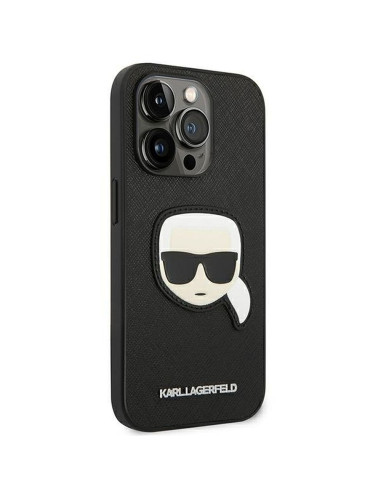 Véritable KARL LAGERFELD Case KLHCP14XSAPKHK pour iPhone 14 PRO MAX (Saffiano avec patch Karl Head / noir)