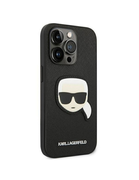Véritable KARL LAGERFELD Case KLHCP14XSAPKHK pour iPhone 14 PRO MAX (Saffiano avec patch Karl Head / noir)