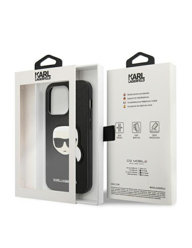 Véritable KARL LAGERFELD Case KLHCP14XSAPKHK pour iPhone 14 PRO MAX (Saffiano avec patch Karl Head / noir)