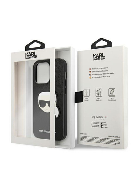 Véritable KARL LAGERFELD Case KLHCP14XSAPKHK pour iPhone 14 PRO MAX (Saffiano avec patch Karl Head / noir)