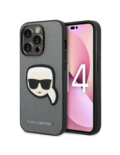 Véritable KARL LAGERFELD Case KLHCP14LSAPKHG pour iPhone 14 PRO (Saffiano avec patch Karl Head / Silver)