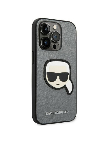 Véritable KARL LAGERFELD Case KLHCP14LSAPKHG pour iPhone 14 PRO (Saffiano avec patch Karl Head / Silver)