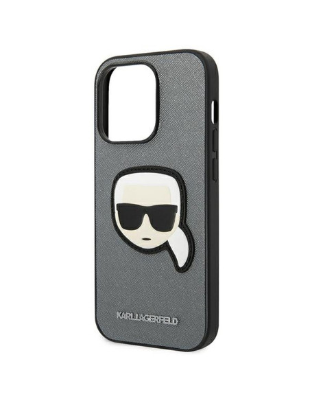 Véritable KARL LAGERFELD Case KLHCP14LSAPKHG pour iPhone 14 PRO (Saffiano avec patch Karl Head / Silver)