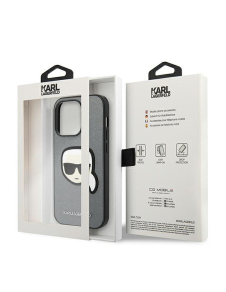 Véritable KARL LAGERFELD Case KLHCP14LSAPKHG pour iPhone 14 PRO (Saffiano avec patch Karl Head / Silver)