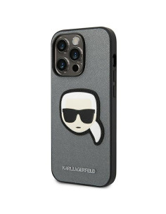 Véritable KARL LAGERFELD Case KLHCP14XSAPKHG pour iPhone 14 PRO MAX (Saffiano avec patch Karl Head / Silver) 2