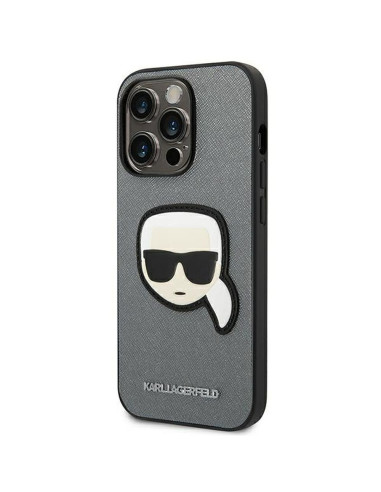 Véritable KARL LAGERFELD Case KLHCP14XSAPKHG pour iPhone 14 PRO MAX (Saffiano avec patch Karl Head / Silver)