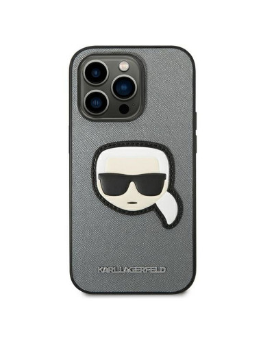 Véritable KARL LAGERFELD Case KLHCP14XSAPKHG pour iPhone 14 PRO MAX (Saffiano avec patch Karl Head / Silver)