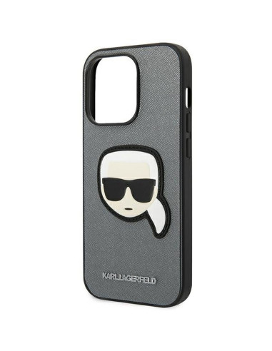 Véritable KARL LAGERFELD Case KLHCP14XSAPKHG pour iPhone 14 PRO MAX (Saffiano avec patch Karl Head / Silver)