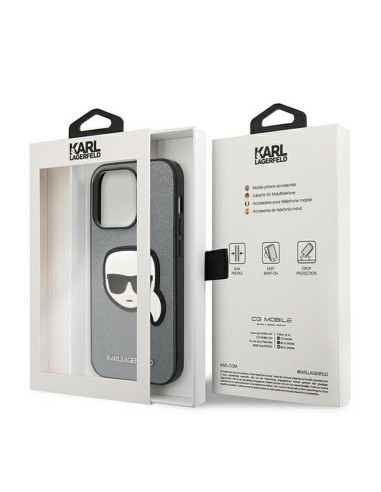 Véritable KARL LAGERFELD Case KLHCP14XSAPKHG pour iPhone 14 PRO MAX (Saffiano avec patch Karl Head / Silver)