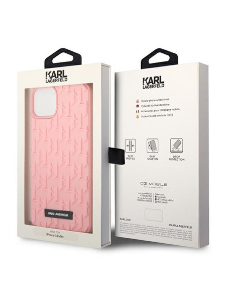 Véritable KARL LAGERFELD Case KLHCP14MRUPKLPP pour iPhone 14 PLUS (3D Rubber Case Monogram Pattern Metal Plate / Pink)