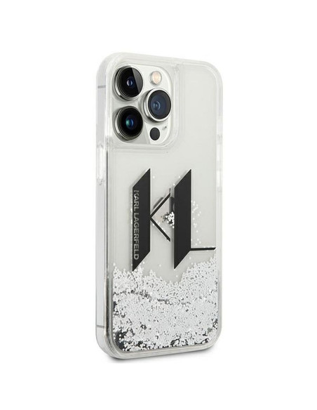 Véritable KARL LAGERFELD Case KLHCP14LLBKLCS pour iPhone 14 PRO (Liguid Glitter Big KL Logo / Silver)