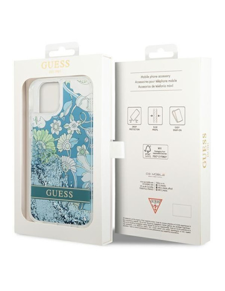 GUESS Coque pour IPHONE 13 / 14 / 15 GUHCP14SLFLSN (Flower Liquid Glitter) vert