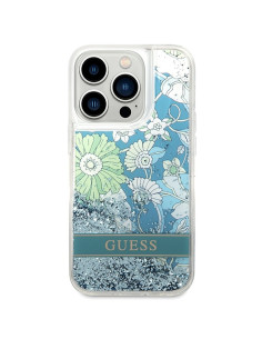 Véritable GUESS Case GUHCP14LLFLSN pour iPhone 14 PRO (Liqide Glitter Flower / Green)