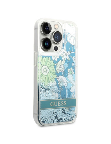 Véritable GUESS Case GUHCP14LLFLSN pour iPhone 14 PRO (Liqide Glitter Flower / Green)