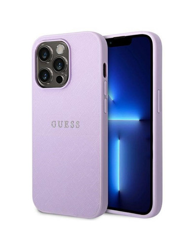 Véritable GUESS Case GUHCP14LPSASBPU pour iPhone 14 PRO (Saffiano avec logo en métal / violet)