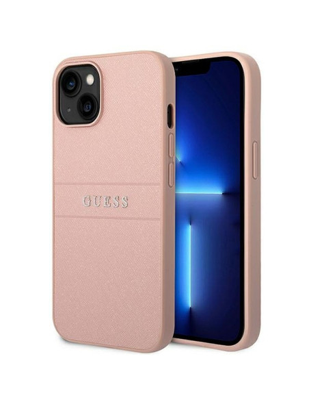 Véritable GUESS Case GUHCP14MPSASBPI pour iPhone 14 PLUS (Saffiano avec logo en métal / rose)