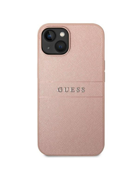 Véritable GUESS Case GUHCP14MPSASBPI pour iPhone 14 PLUS (Saffiano avec logo en métal / rose)