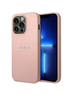 Véritable GUESS Case GUHCP14LPSASBPI pour iPhone 14 PRO (Saffiano avec logo en métal / rose)