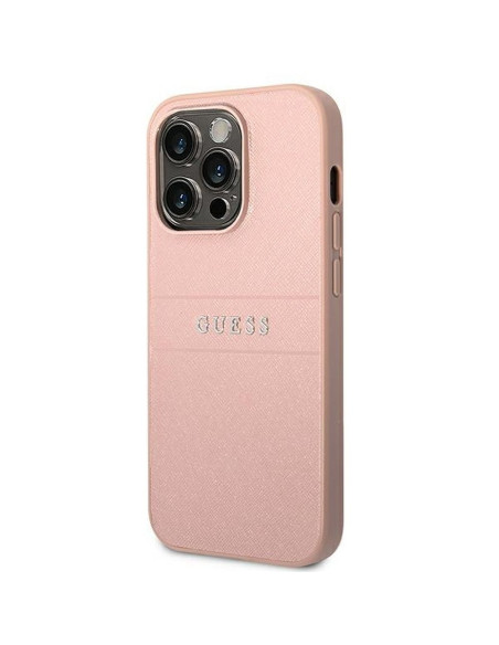 Véritable GUESS Case GUHCP14LPSASBPI pour iPhone 14 PRO (Saffiano avec logo en métal / rose)