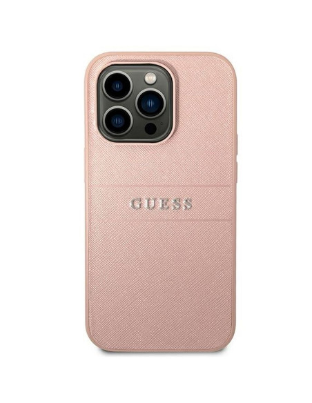 Véritable GUESS Case GUHCP14LPSASBPI pour iPhone 14 PRO (Saffiano avec logo en métal / rose)