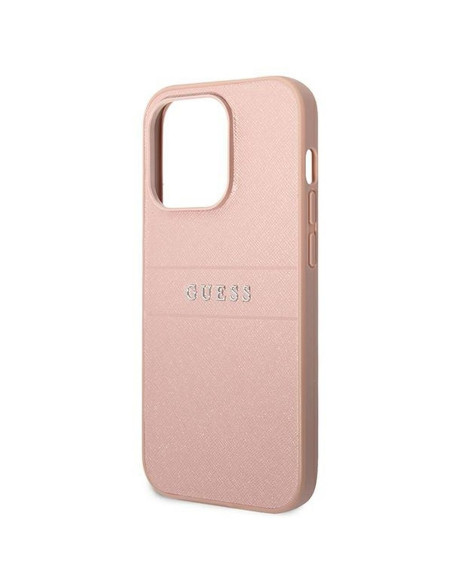 Véritable GUESS Case GUHCP14LPSASBPI pour iPhone 14 PRO (Saffiano avec logo en métal / rose)