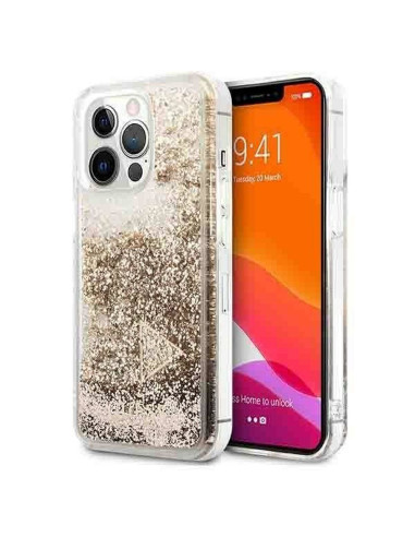 Véritable GUESS Case GUOHCP14LGLHFLGO pour iPhone 14 PRO (Liquide Glitter Charms / Gold)