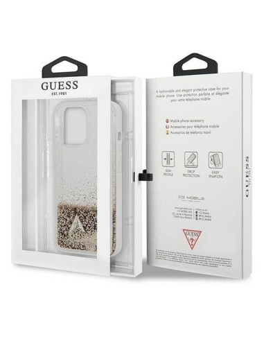 Véritable GUESS Case GUOHCP14XGLHFLGO pour iPhone 14 PRO MAX (Liquide Glitter Charms / Gold)