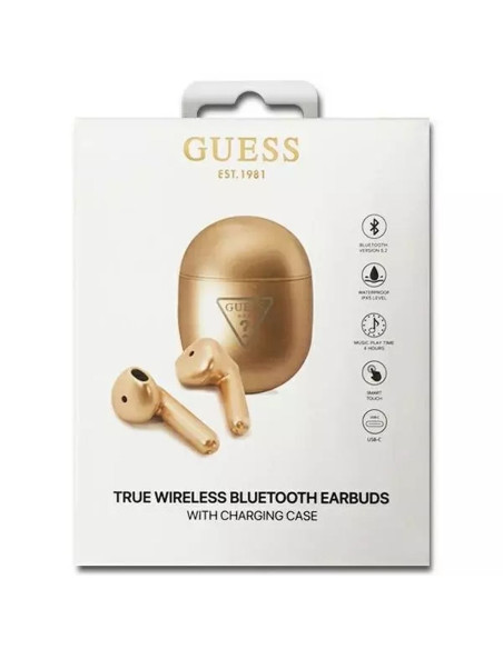 Écouteurs stéréo sans fil / bluetooth TWS GUESS + station d'accueil GUTWST82TRD (Logo Triangle / or)