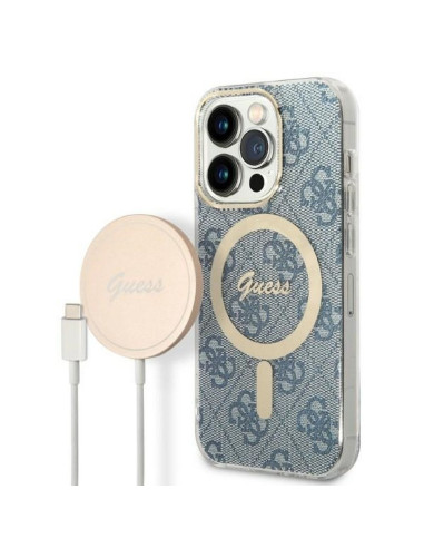 Original GUESS GUBPP14LH4EACSB Kit pour iPhone 14 Pro (Pack groupé / Compatible avec Magsafe : Boîtier + Chargeur / 4G / Or - Bl