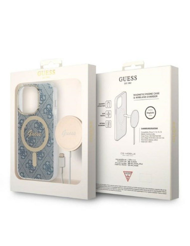 Original GUESS GUBPP14LH4EACSB Kit pour iPhone 14 Pro (Pack groupé / Compatible avec Magsafe : Boîtier + Chargeur / 4G / Or - Bl